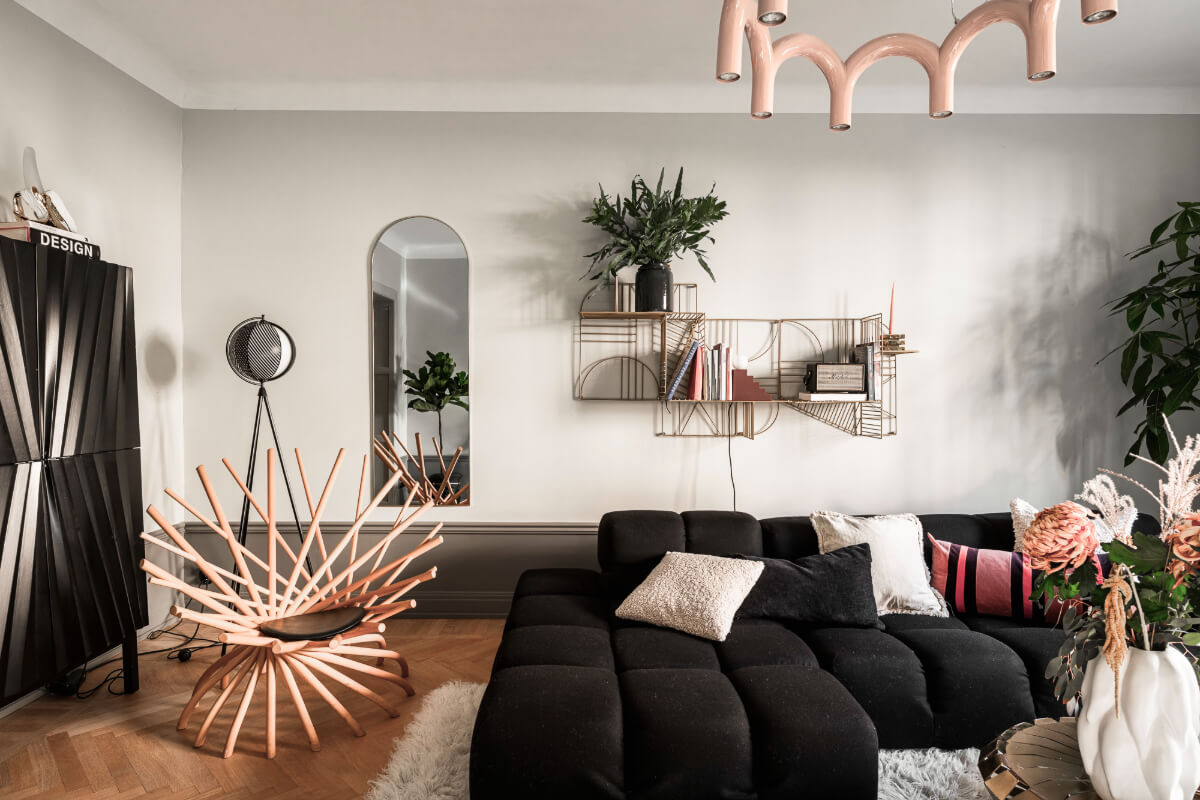 light gray living room black sofa