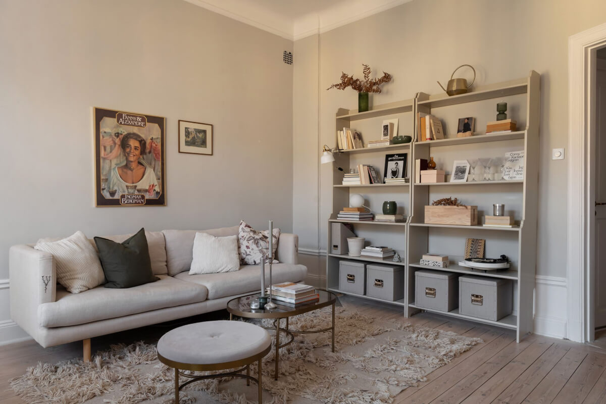 living room gray bookcases