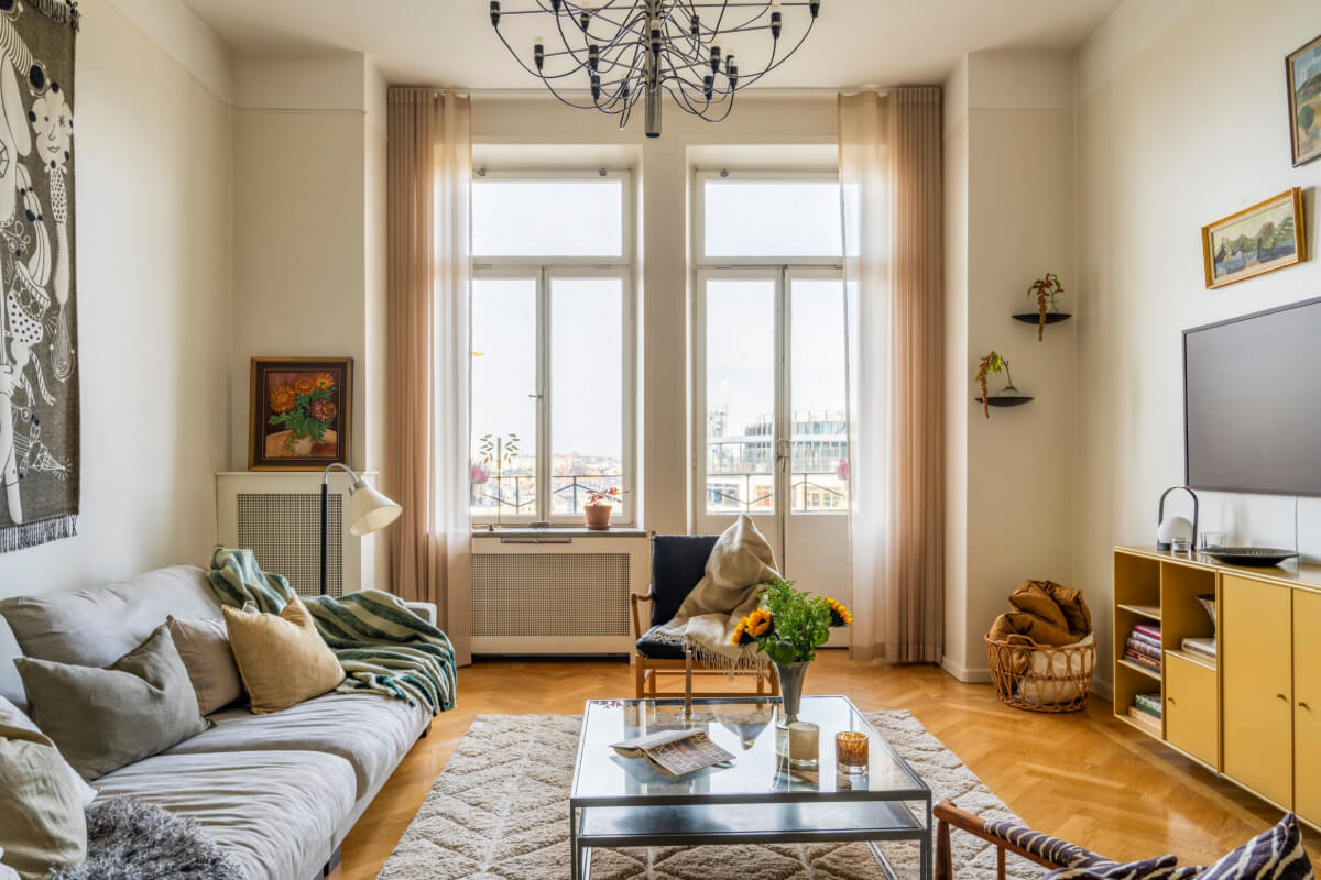 living room large windows herringbone parquet floor