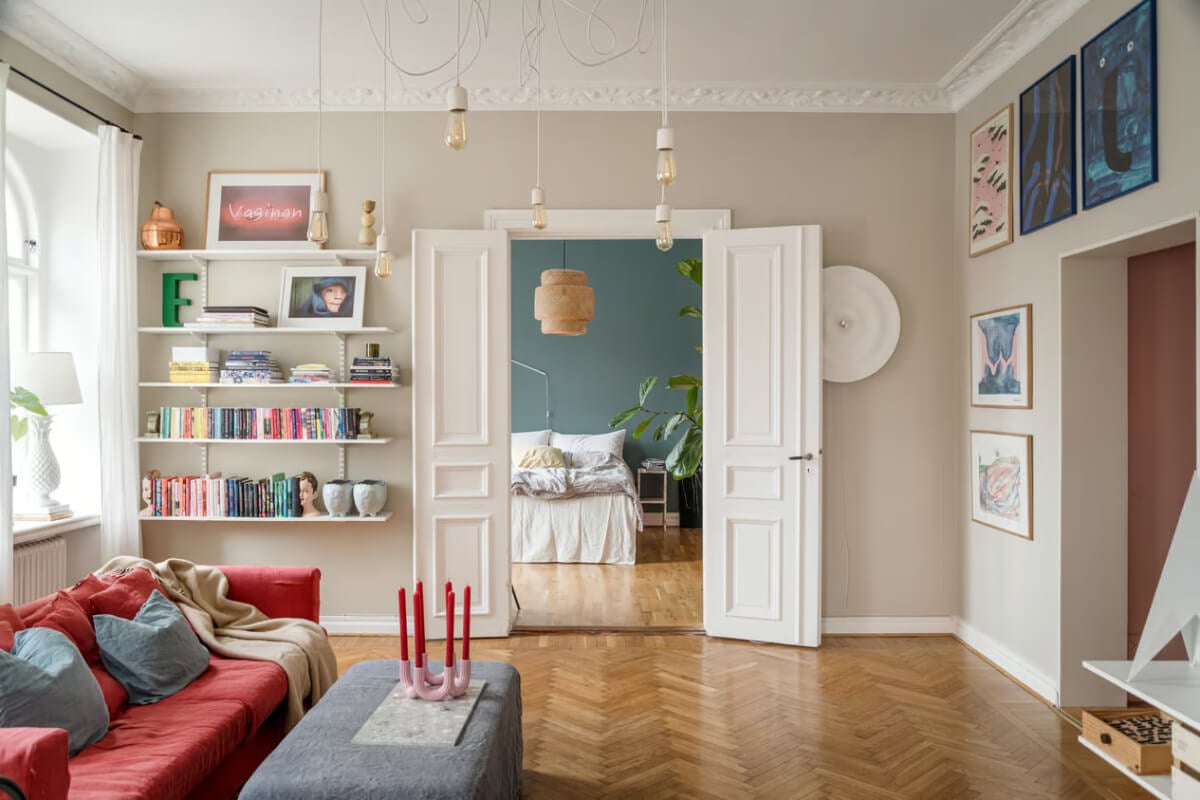 Large Rooms in an Art Nouveau Apartment in Sweden 3 living room view into bedroom