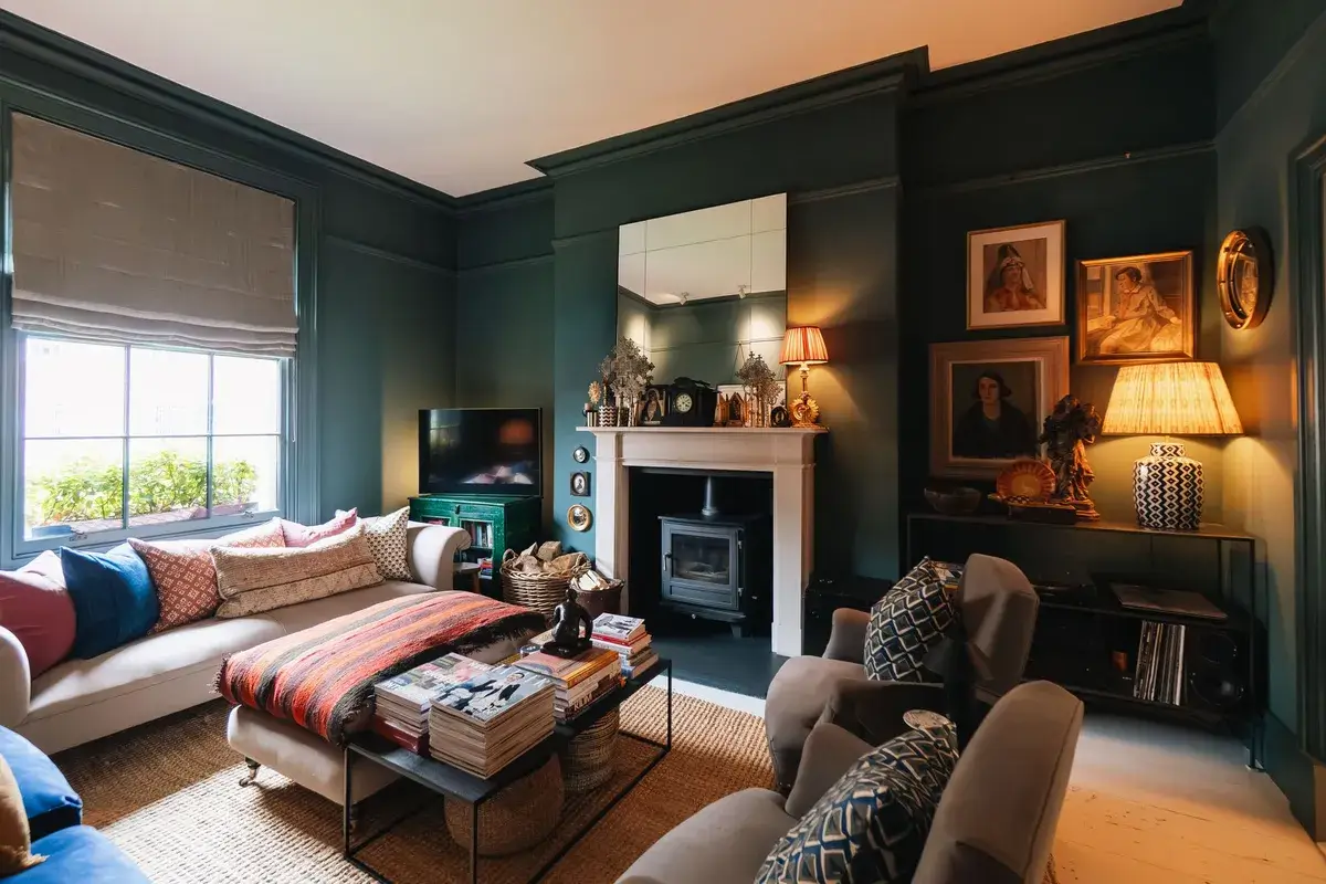 A Renovated Georgian Townhouse with a Stunning Kitchen Extension 4 moody dark blue living room