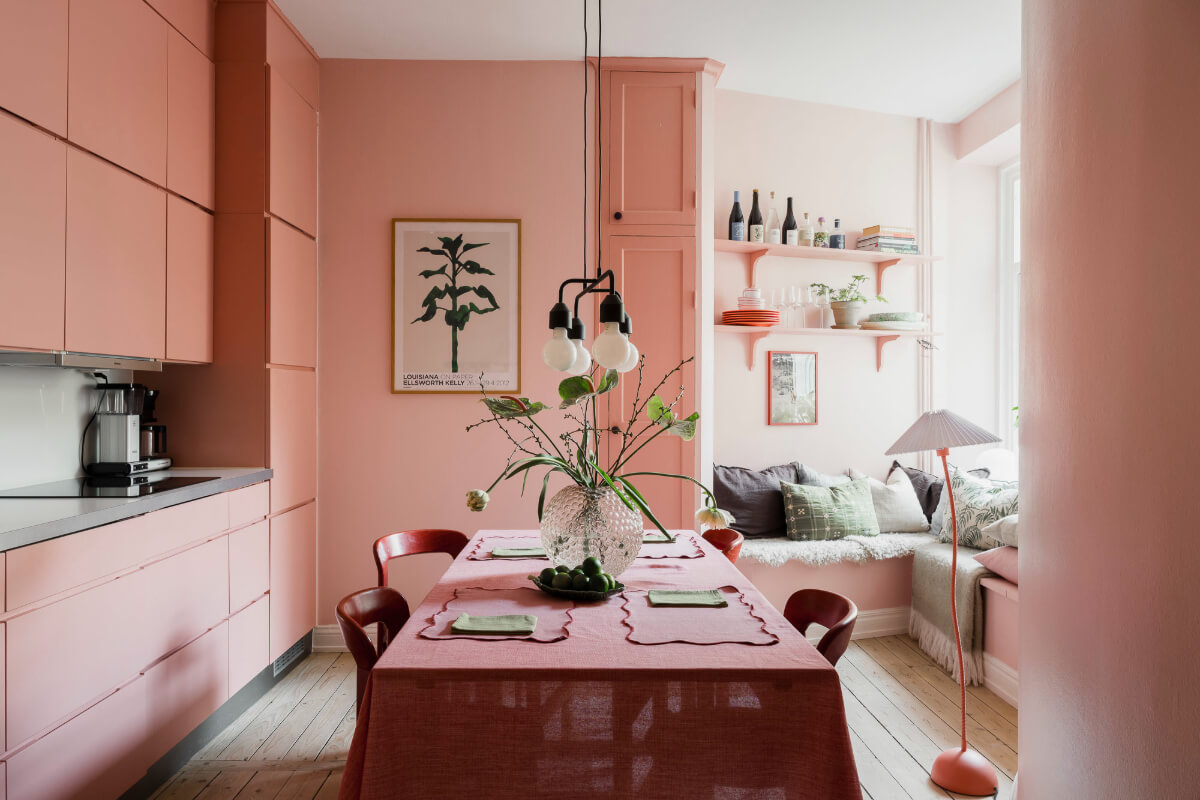 Best of 2025: Kitchens 44 pink kitchen with dining table and window seat
