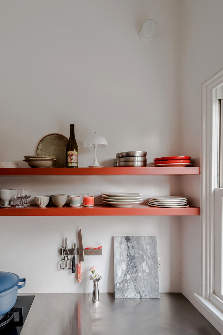 red kitchen shelves
