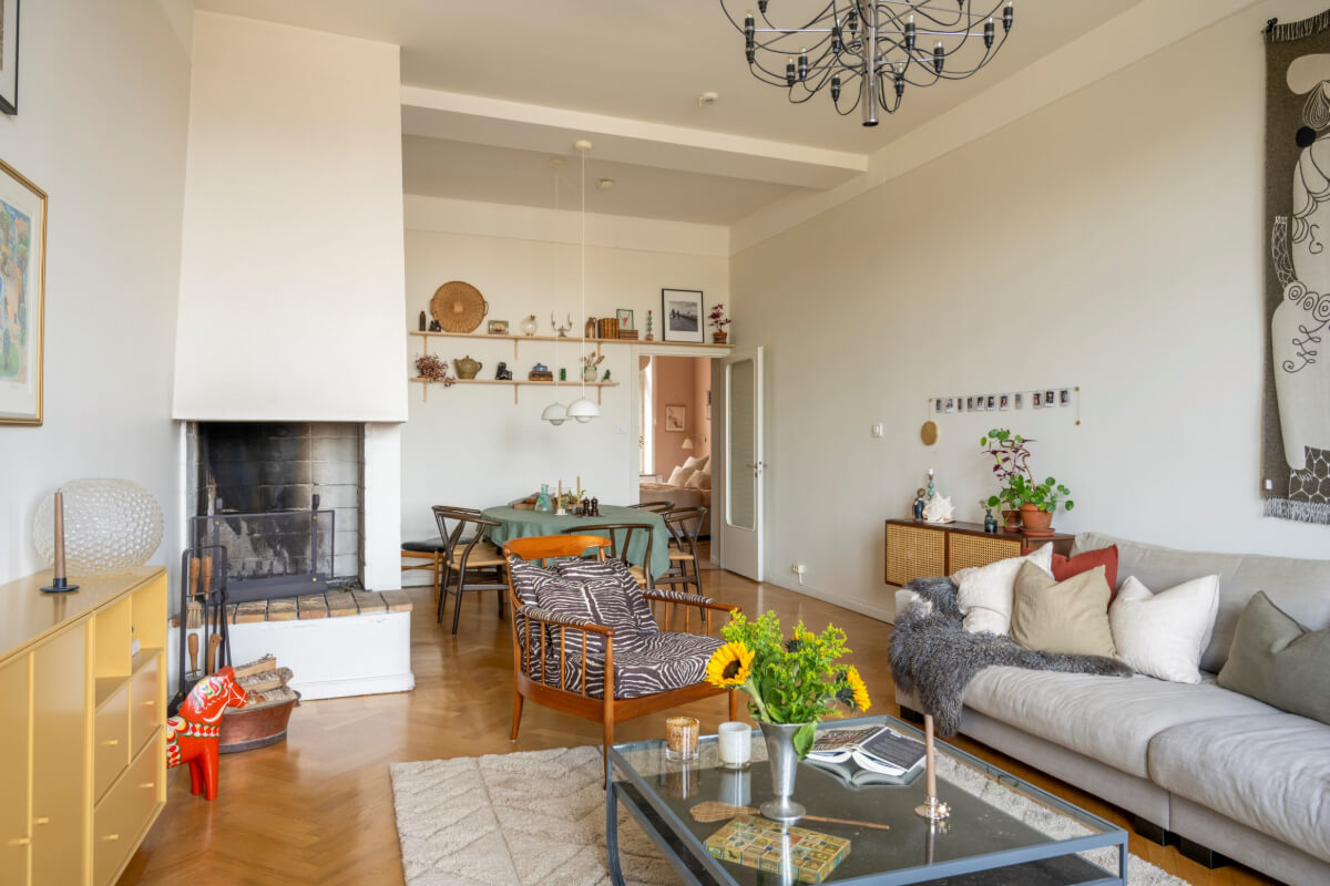 spacious living room parquet floor dining table