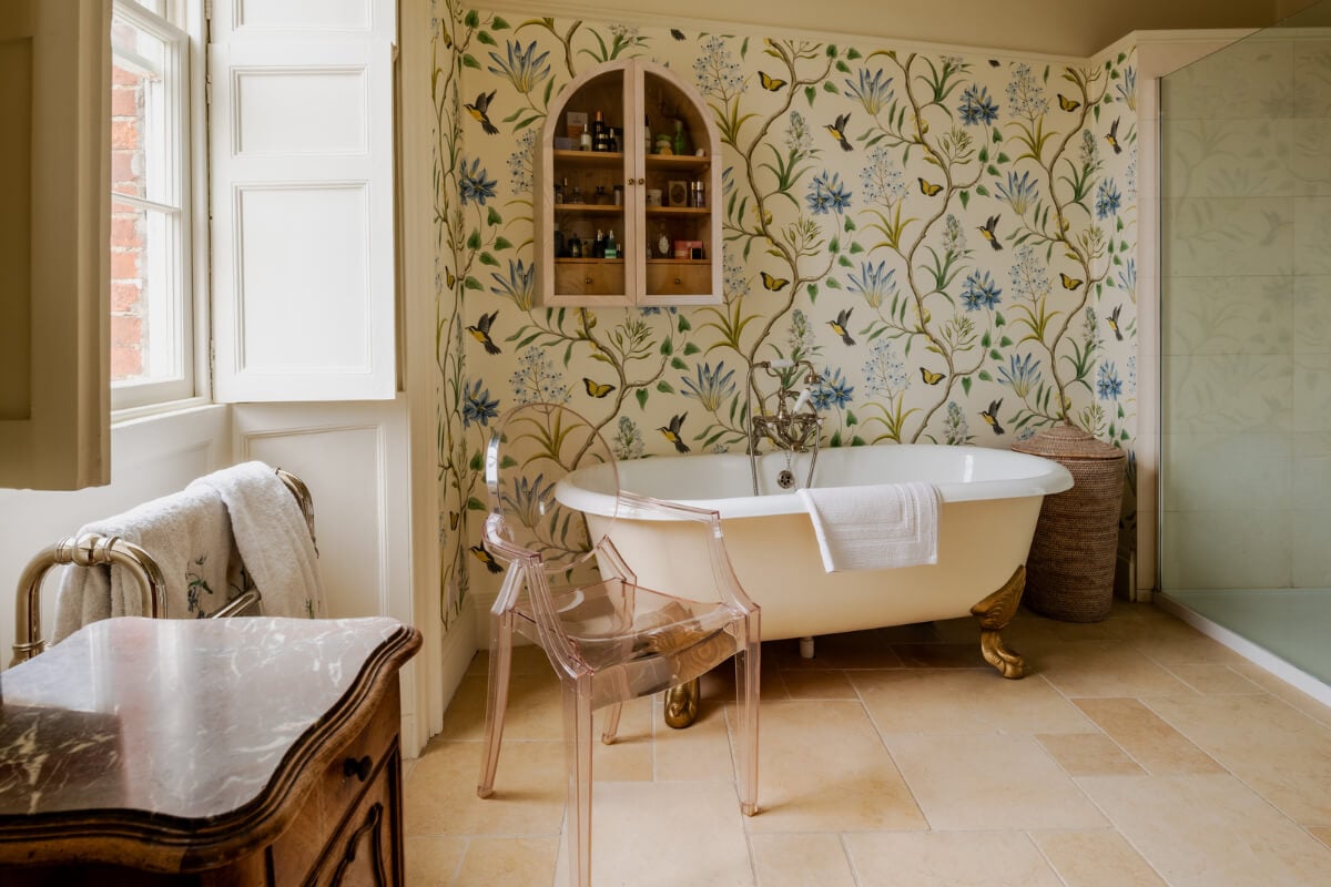 Period Features and Color in a Pretty Georgian House 18 bathroom bird wallpaper