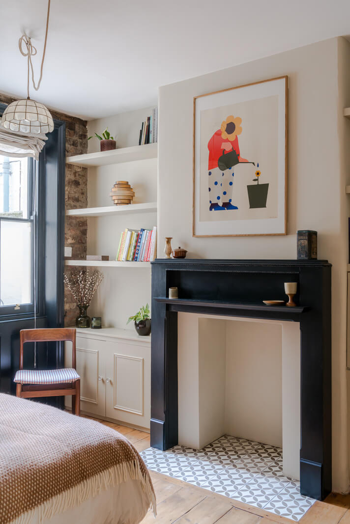 Contemporary Design in a Victorian Ground Floor Apartment 13 bedroom black fireplace shelves