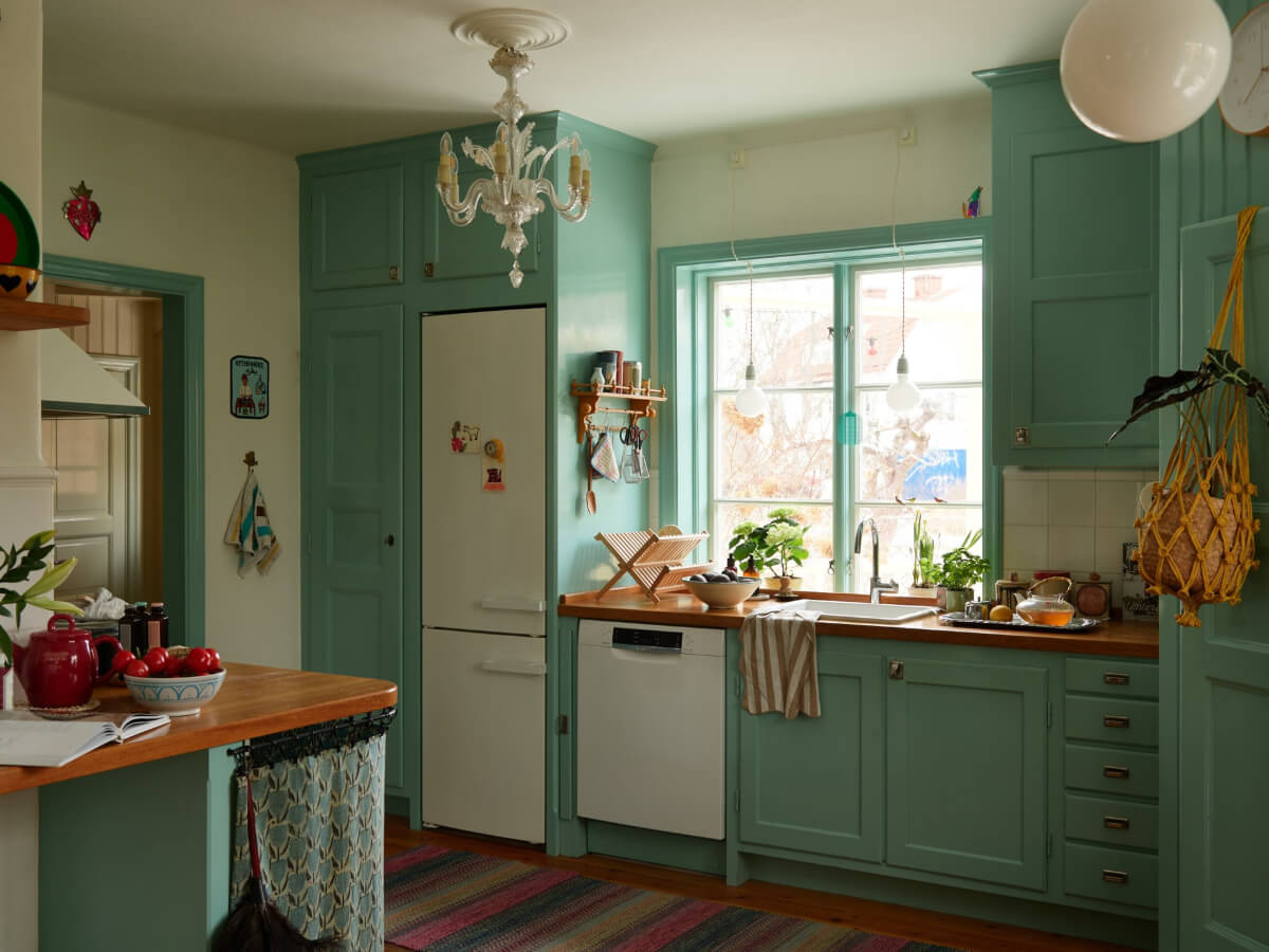 blue kitchen reclaimed cabinets
