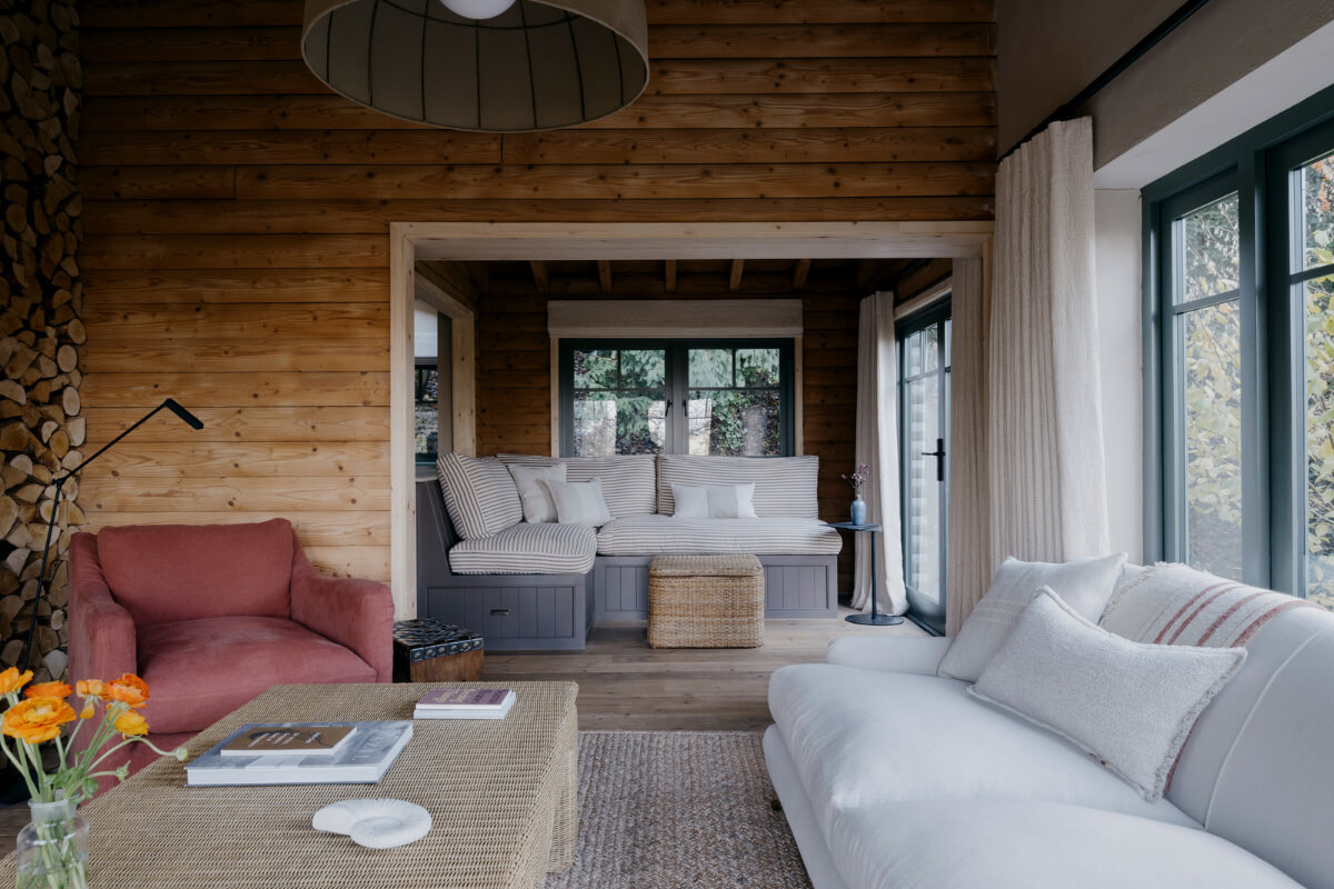 cozy sitting room rustic wooden wall built-in bench
