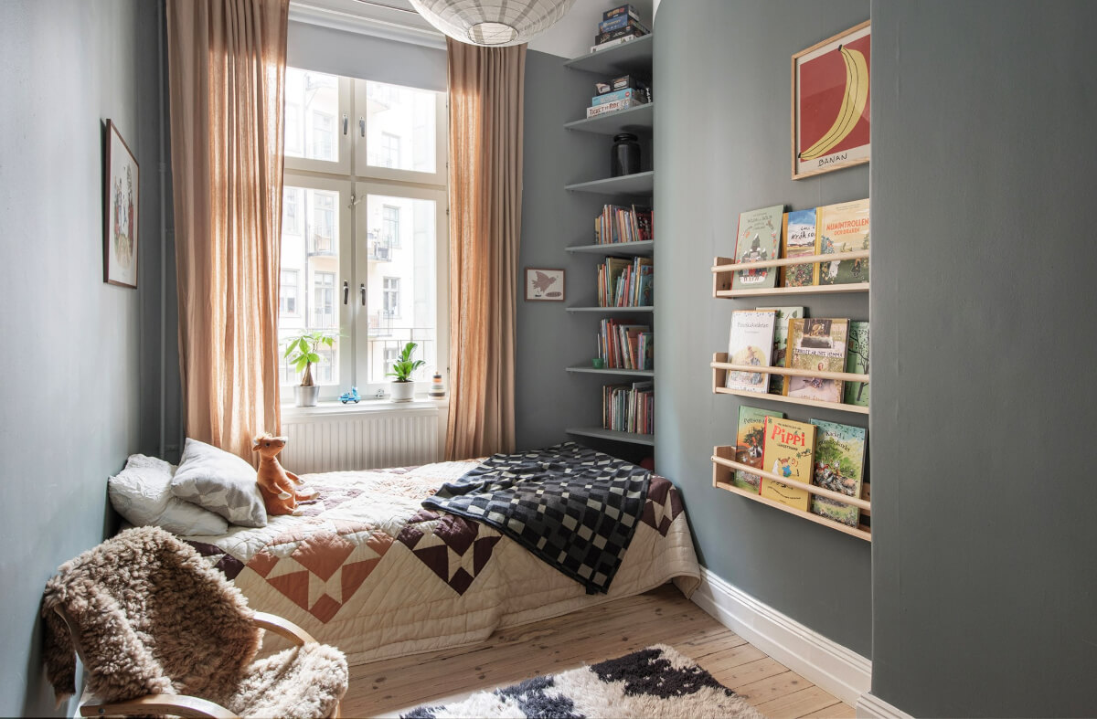 Rooms with Unique Shapes in a Lovely Swedish Apartment 18 dark gray bedroom built-in shelves