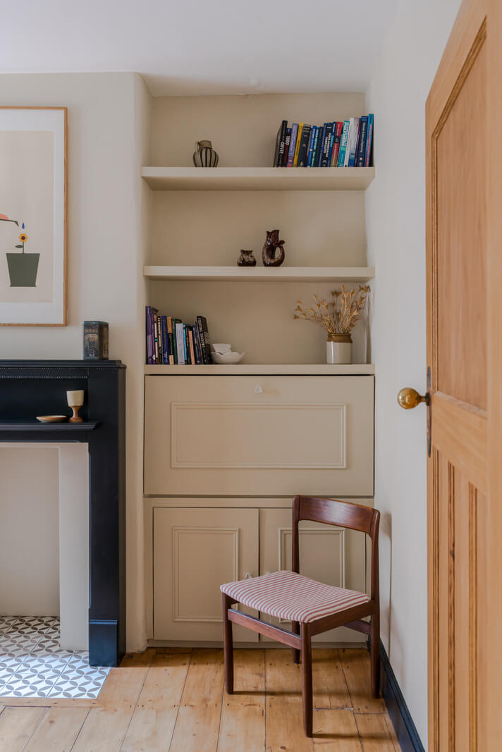 Contemporary Design in a Victorian Ground Floor Apartment 11 fireplace flanked by shelves