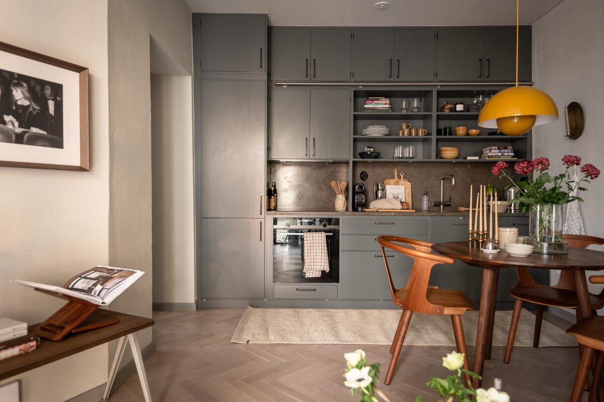 gray floor to ceiling kitchen round table
