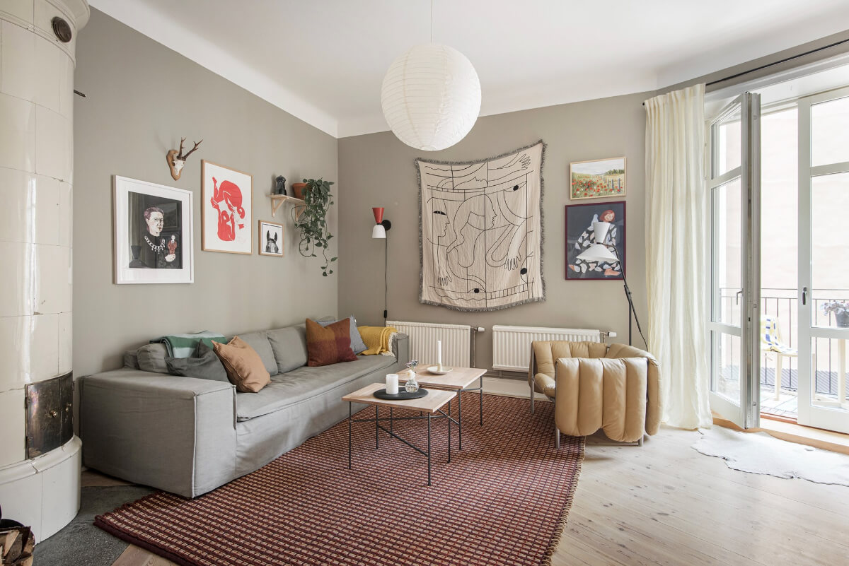Rooms with Unique Shapes in a Lovely Swedish Apartment 1 gray living room fireplace