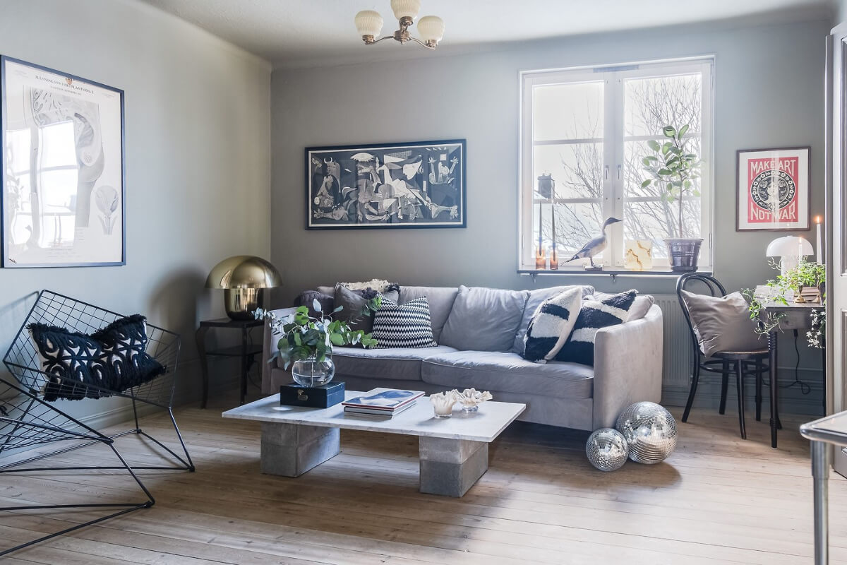 A Charming Duplex Apartment with a Stunning Kitchen 9 gray scandi living room wooden floor