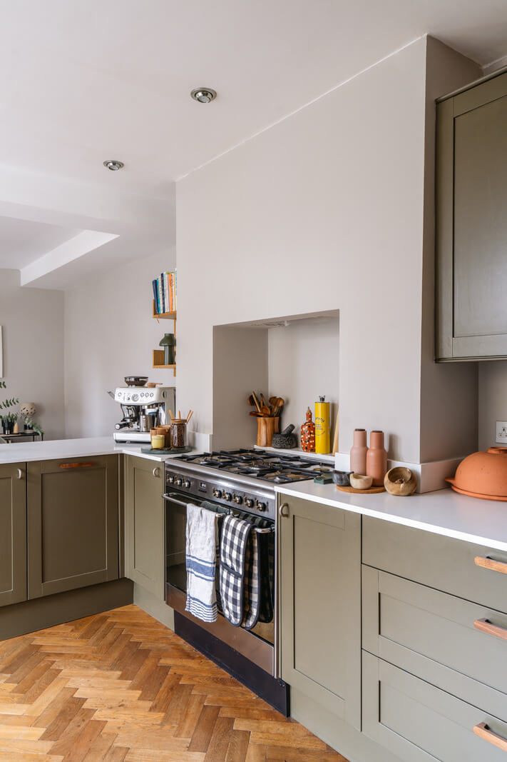 green kitchen wooden handles