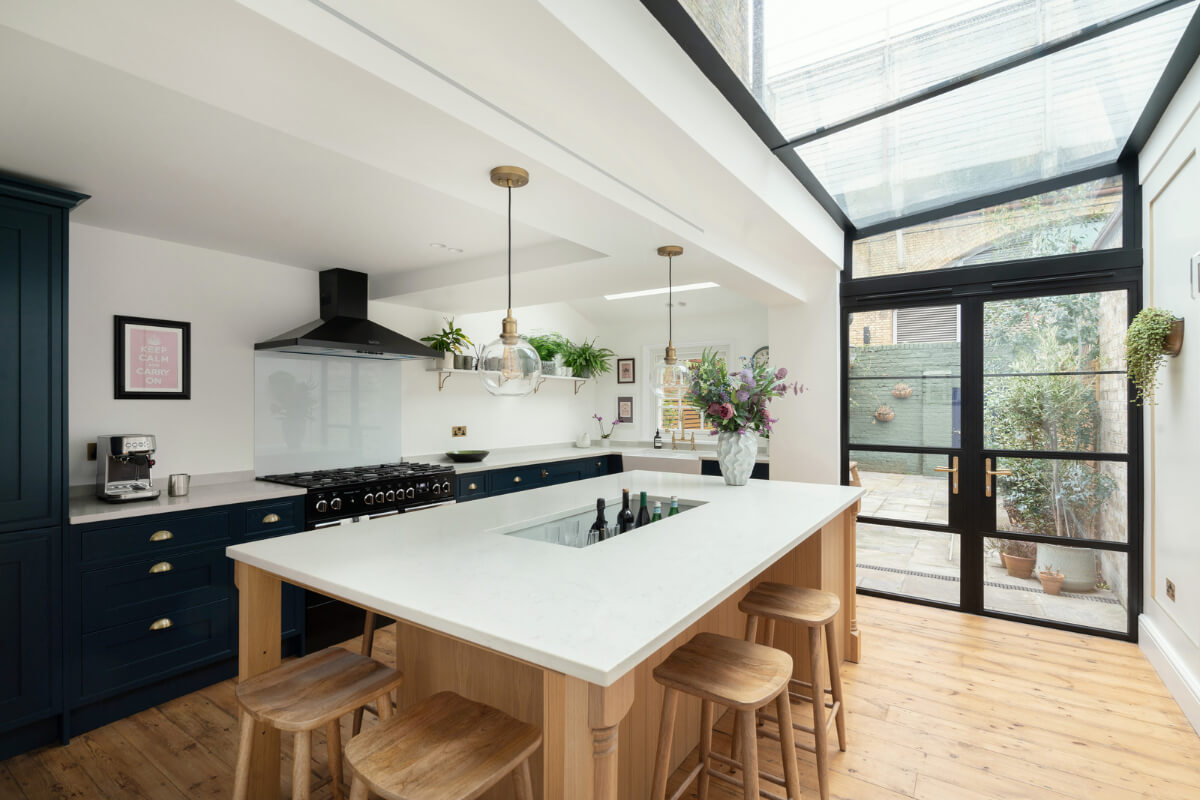 kitchen extension blue cabinets island
