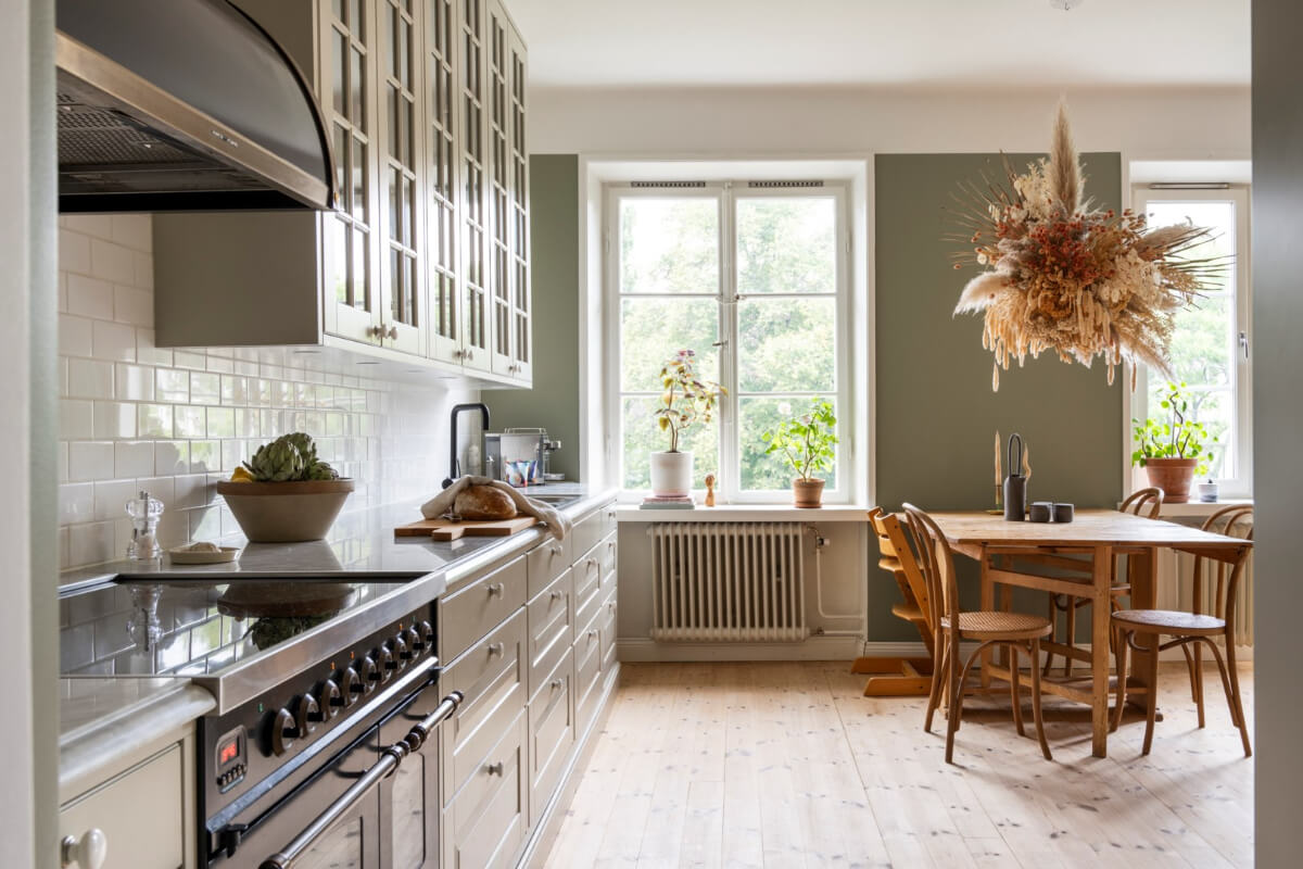 kitchen green open plan living space