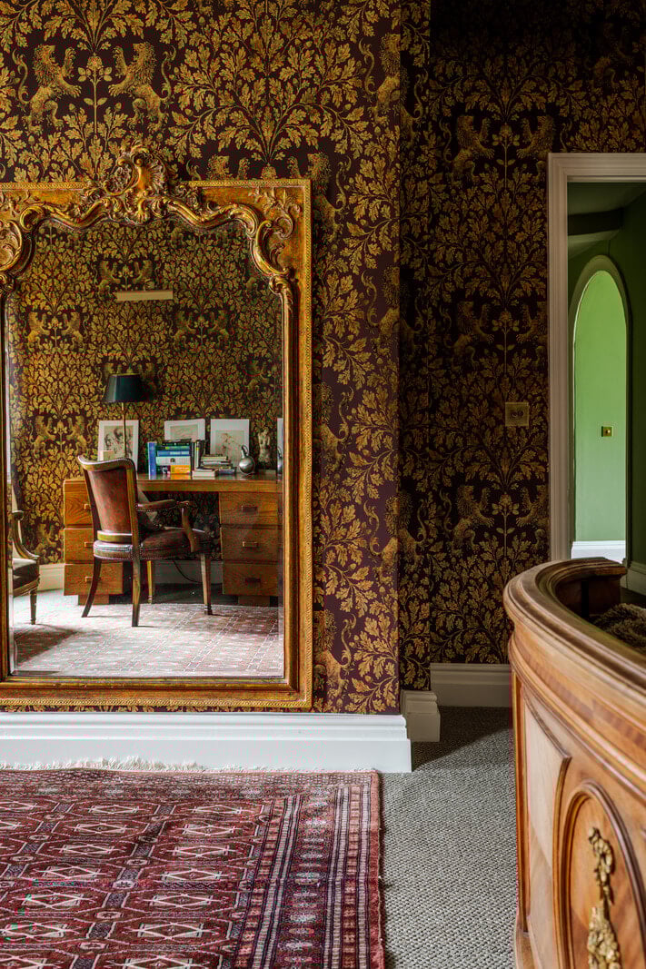 Period Features and Color in a Pretty Georgian House 22 large mirror wallpapered bedroom