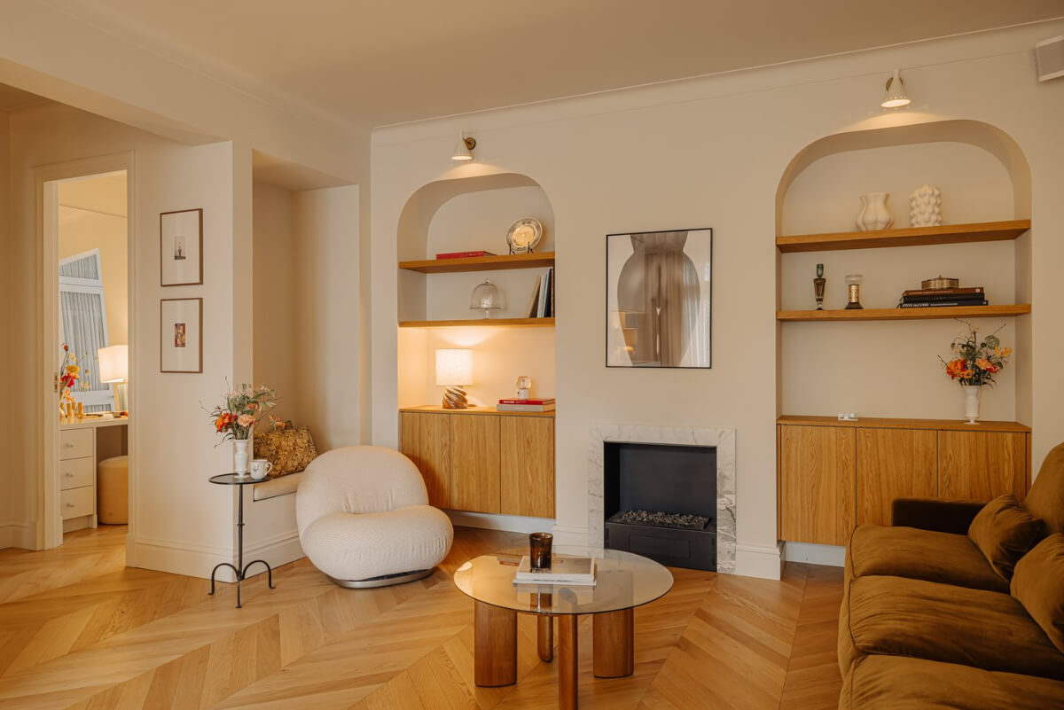 living room curved niches shelves