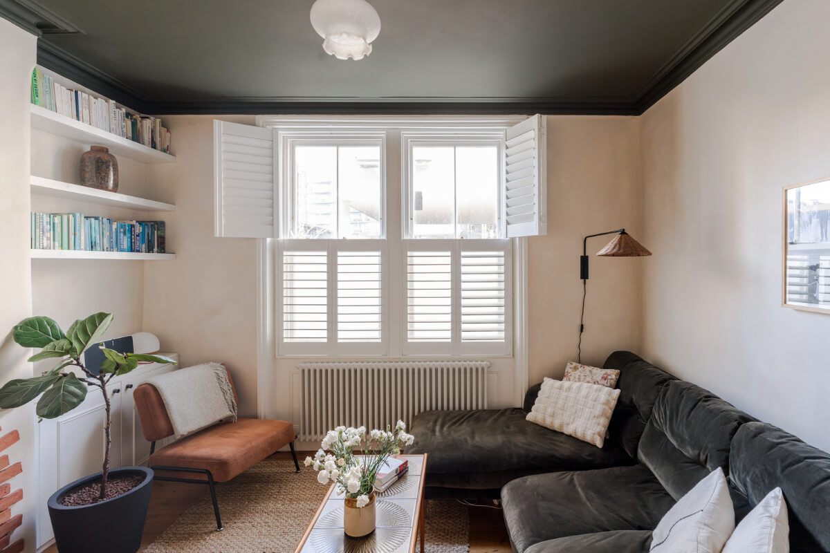 Contemporary Design in a Victorian Ground Floor Apartment 1 living room dark green ceiling