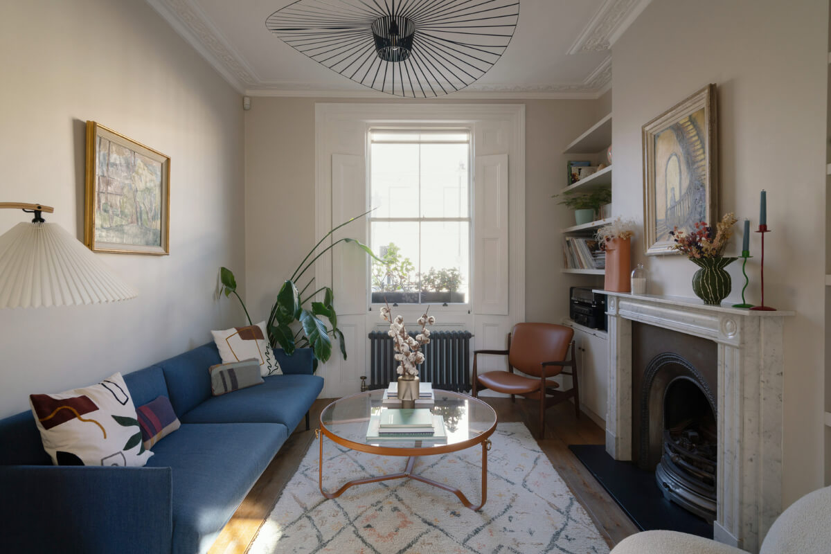 living room sash window box shutters fireplace
