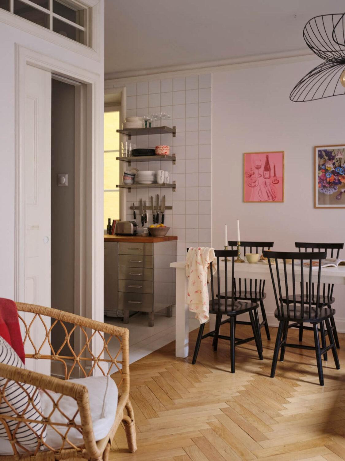 A Small Apartment with an Industrial Stainless Steel Kitchen 8 open plan living space herringbone parquet floor