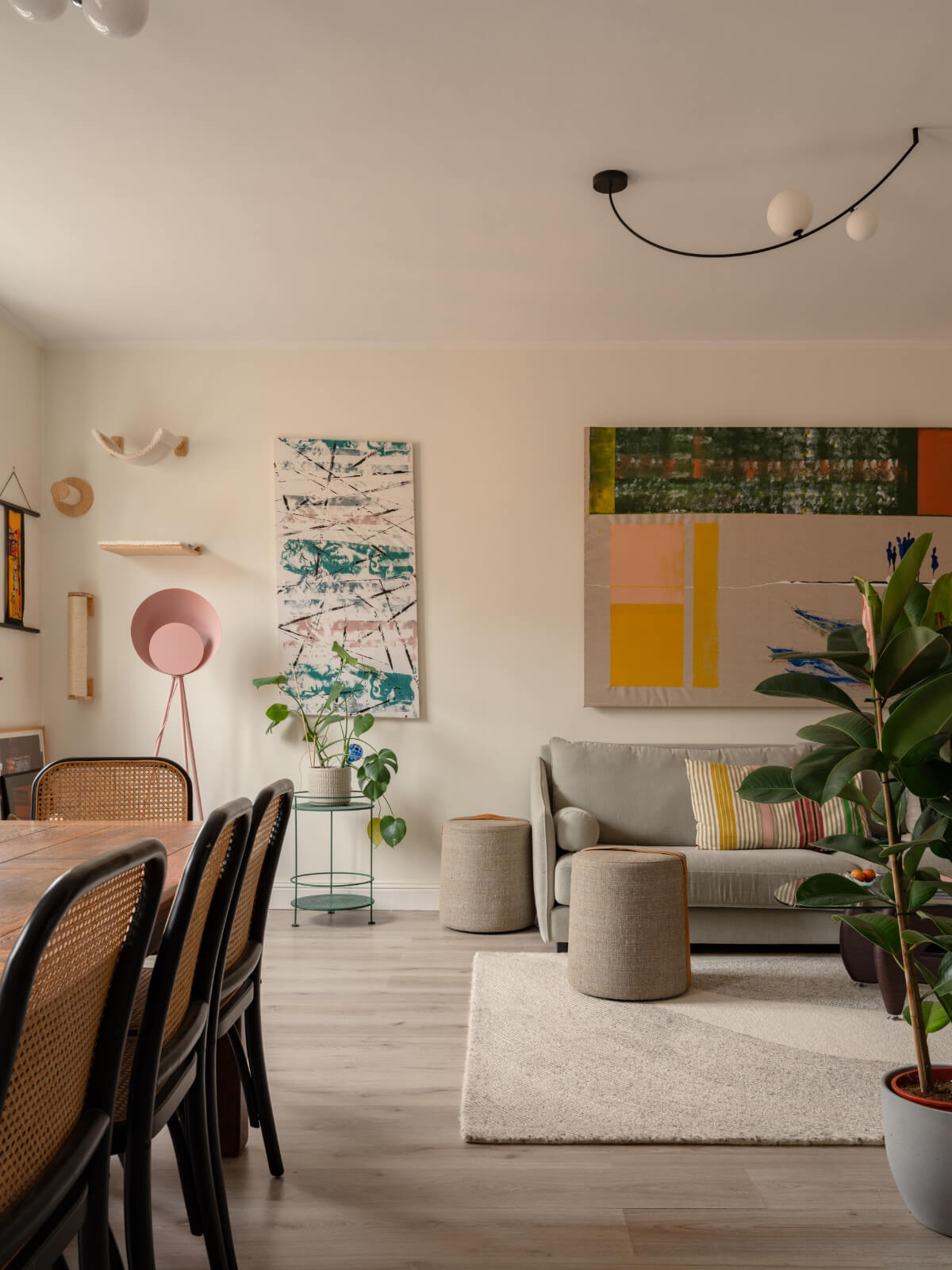 open plan living space pale yellow walls