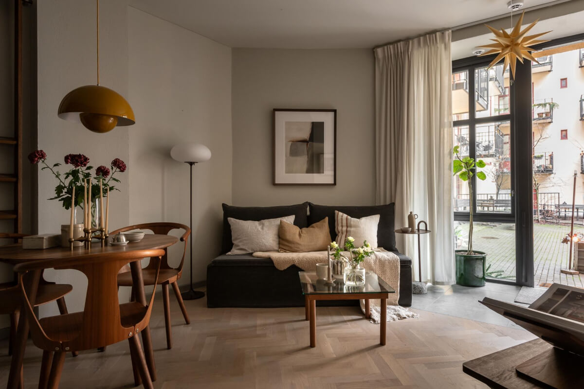 small angled living room herringbone floor
