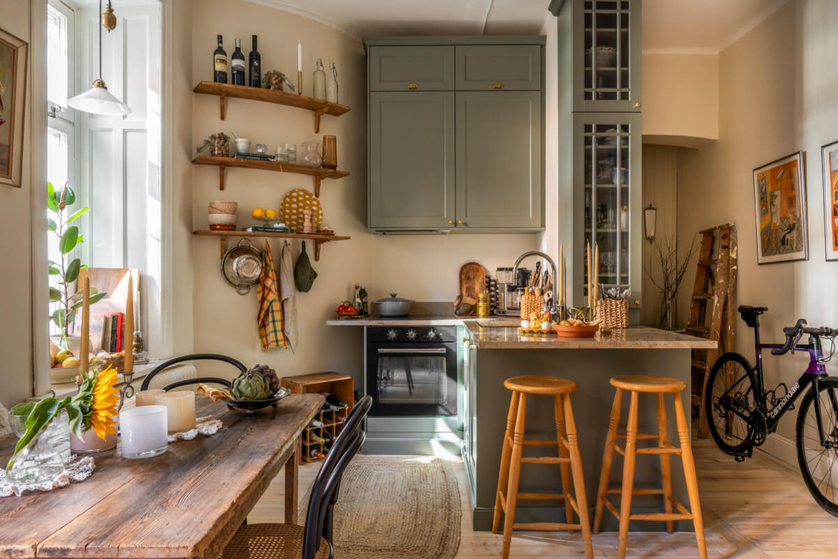 small gray-blue kitchen shelves double row upper cabinets