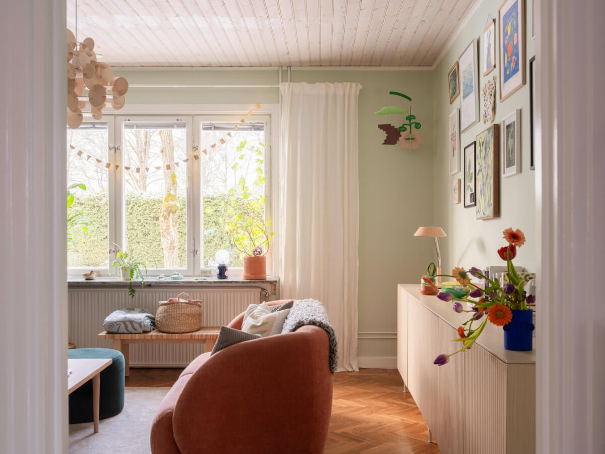 view into light green living room