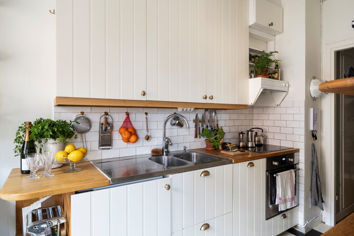 white kitchen wooden coutnertop