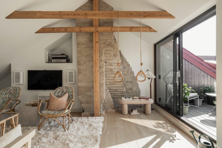 attic living space exposed materials wooden beams