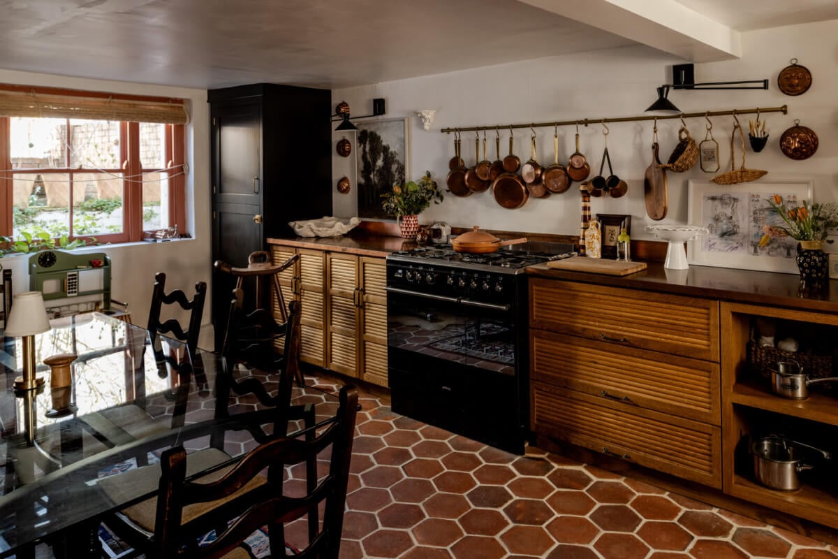 Color, Pattern, and Textures in a Renovated London Townhouse 7 basement kitchen terracotta floor tiles nordroom