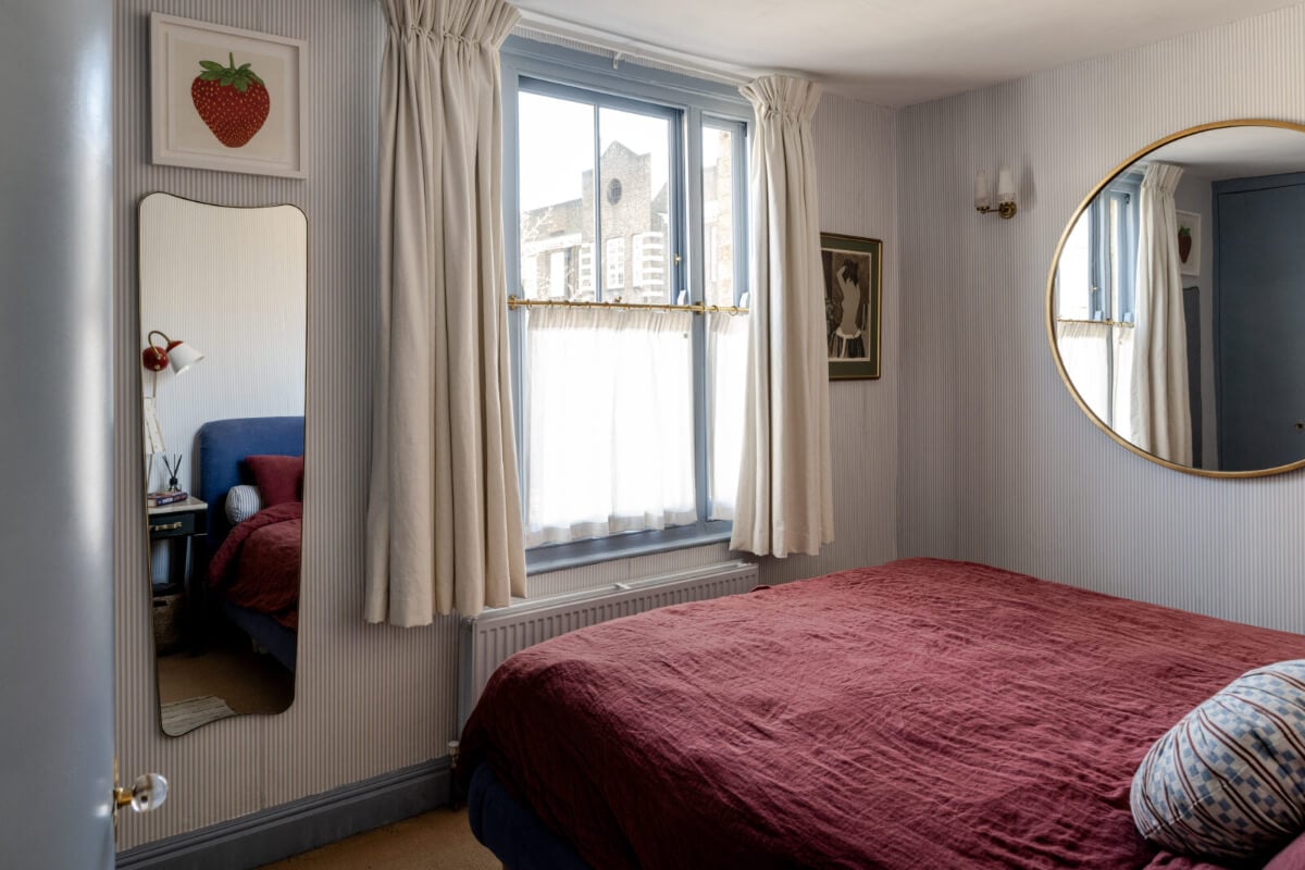 Color, Pattern, and Textures in a Renovated London Townhouse 13 bedroom blue striped wallpaper large mirror nordroom