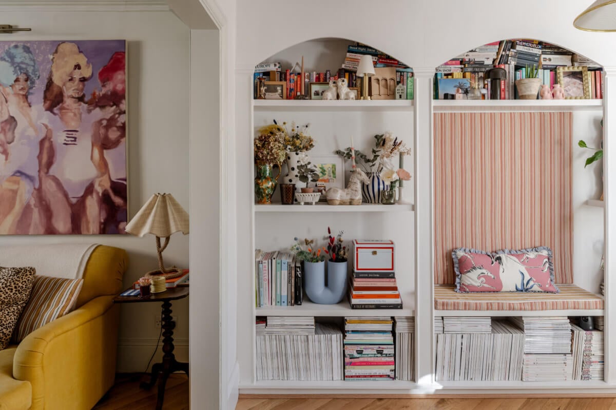 Color, Pattern, and Textures in a Renovated London Townhouse 3 built in bookshelves and bench nordroom