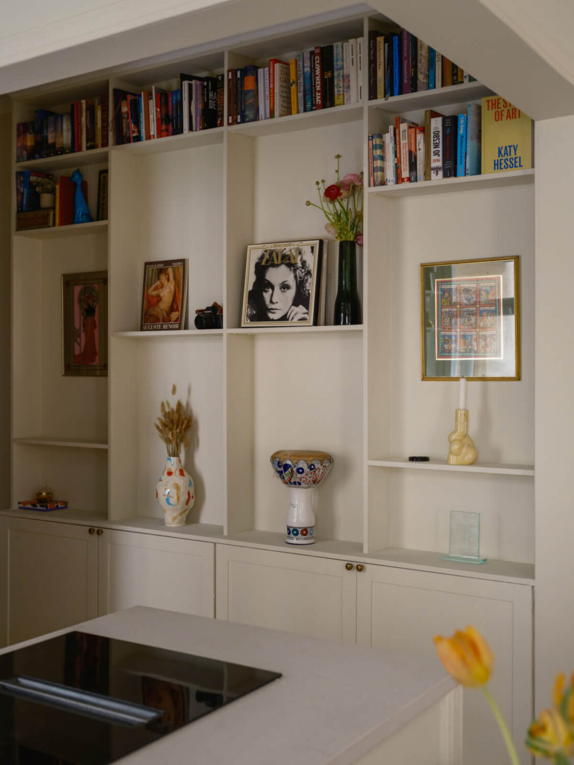 A Serene 19th Century Apartment with a Deep Red Kitchen 12 built-in shelves