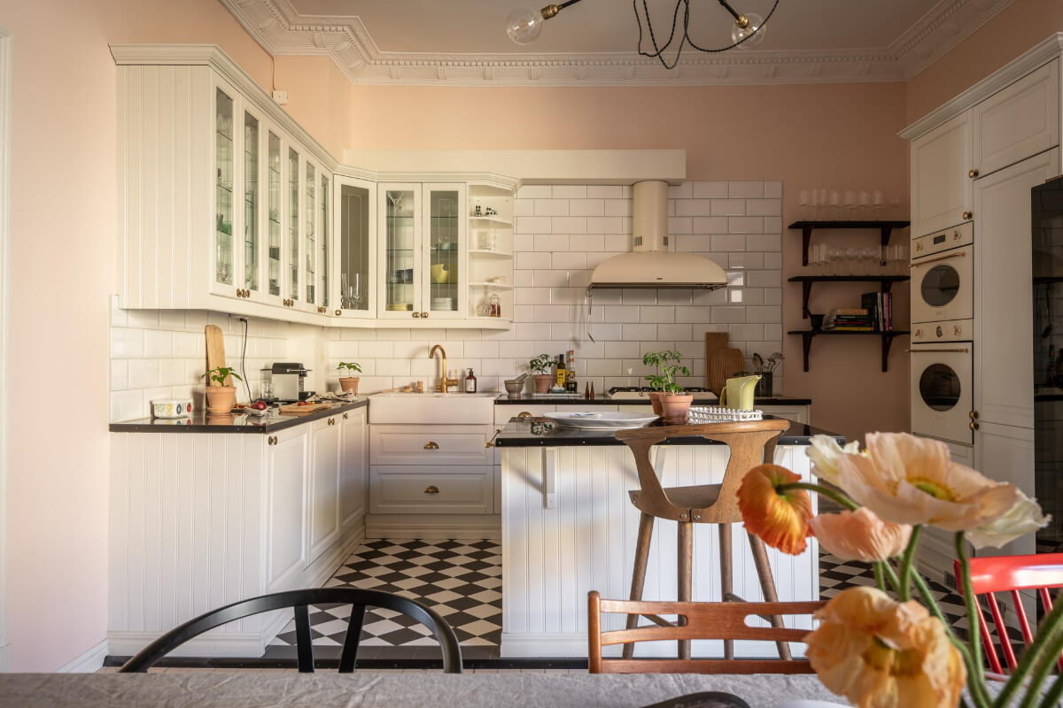 classic kitchen checkerboard floor light pink walls