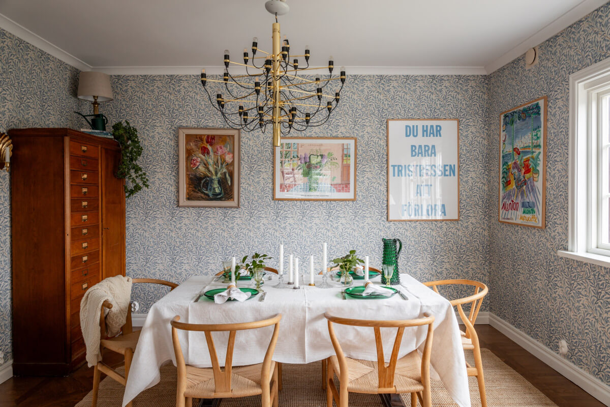 Turn-of-the-Century Charm Meets Modern Comfort in a Swedish House 11 dining room blue william morris wallpaper