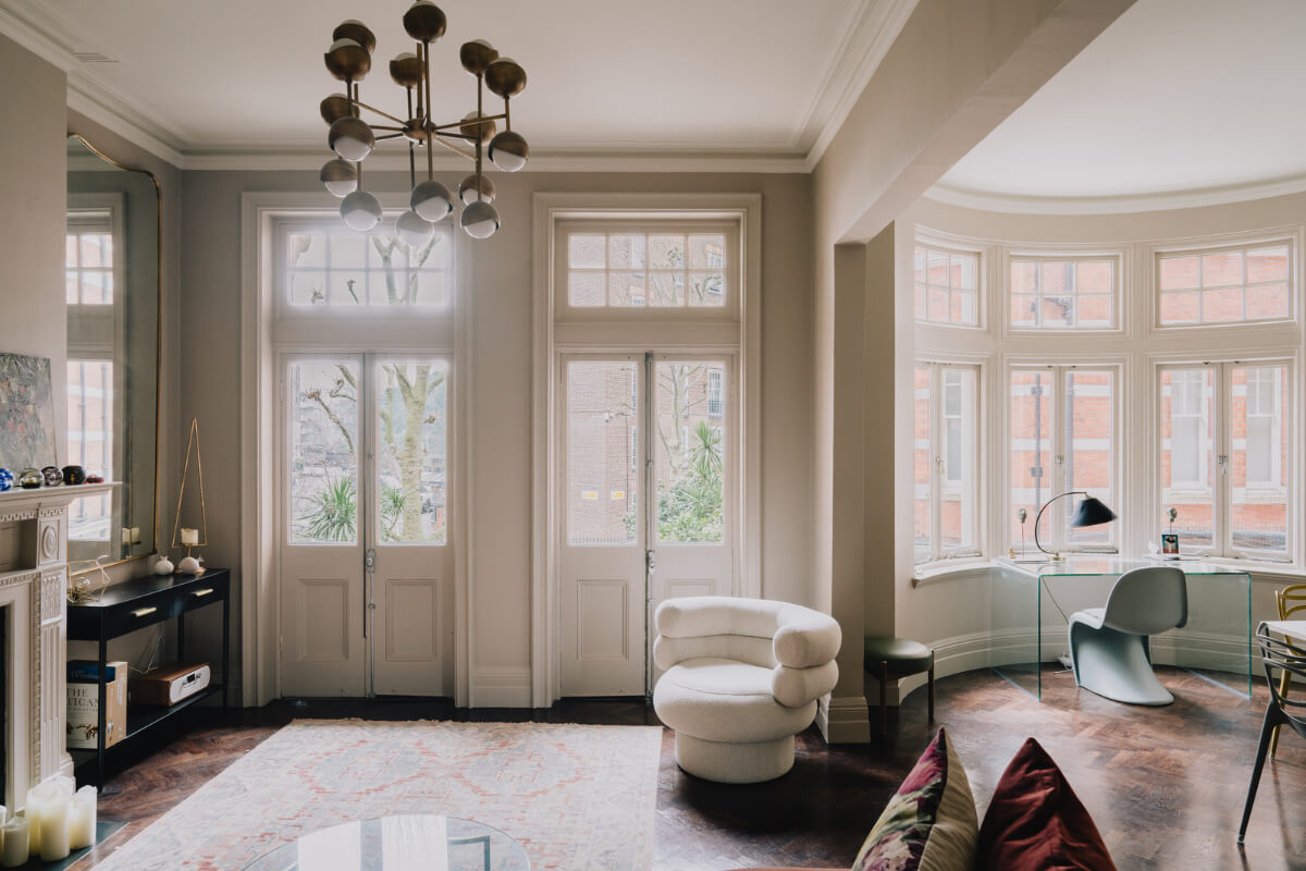 A Stunning Edwardian Apartment with High Ceilings and Period Details 3 double doors living room