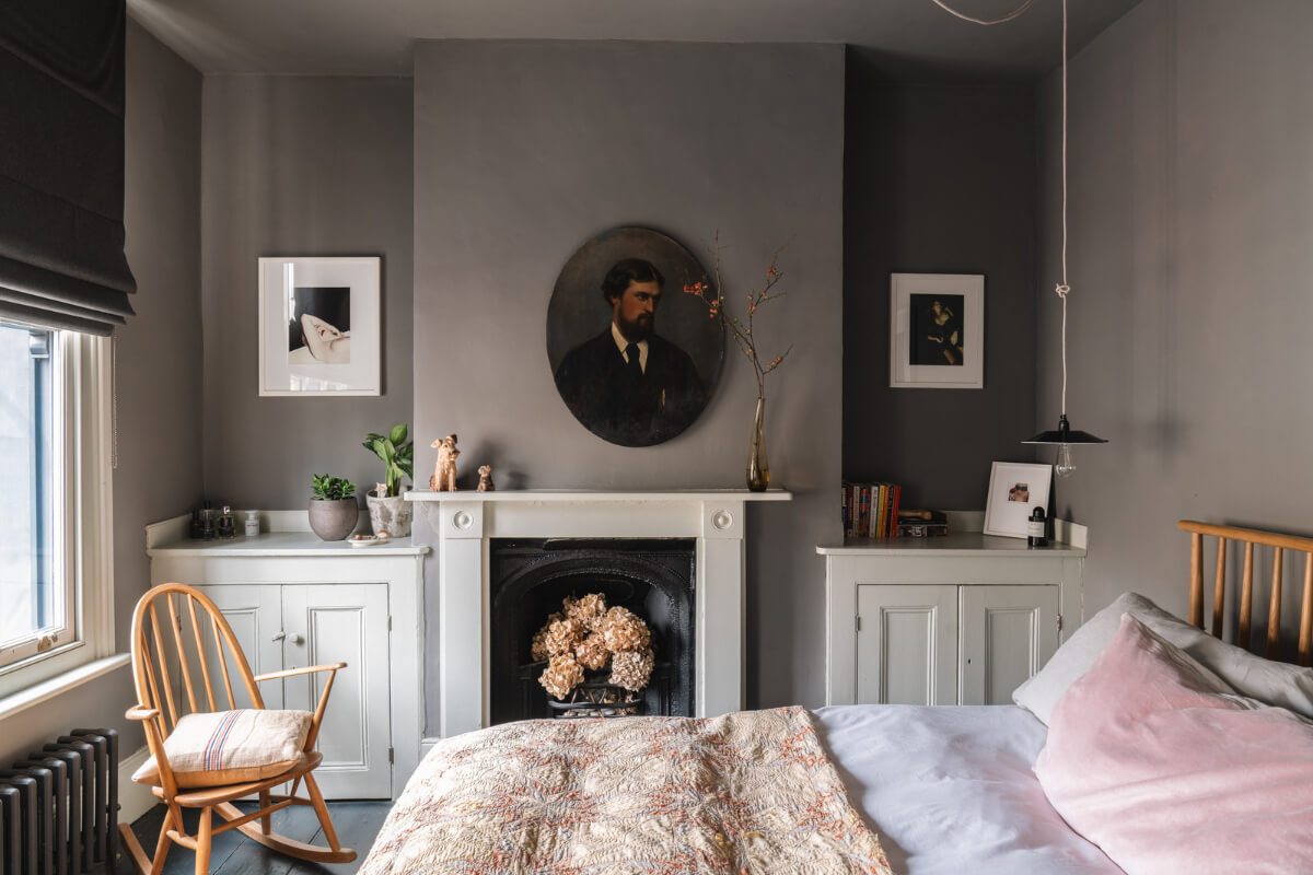 gray bedroom fireplace