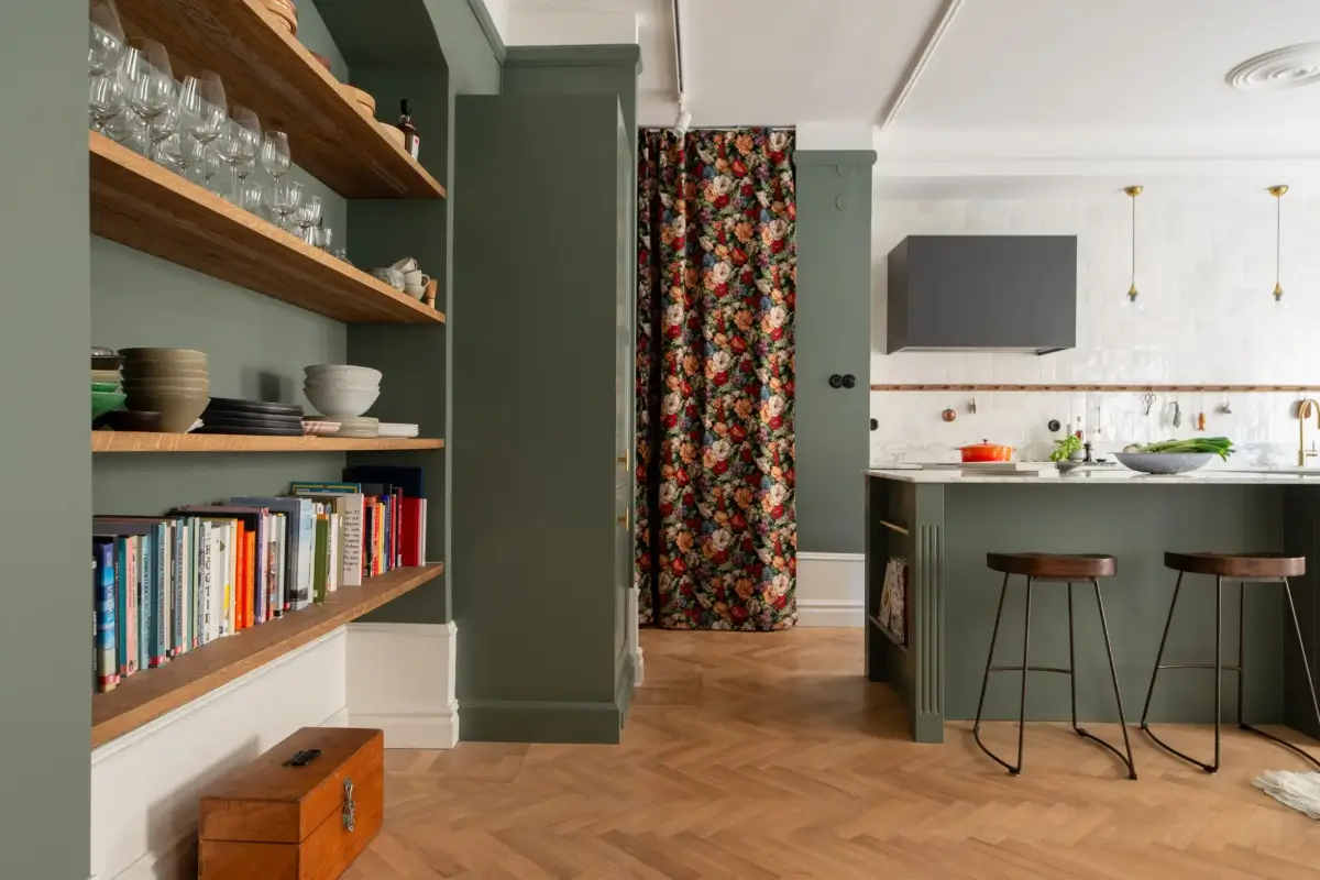 A Green Kitchen in a Classic Scandinavian Apartment 11 green kitchen space floral curtain