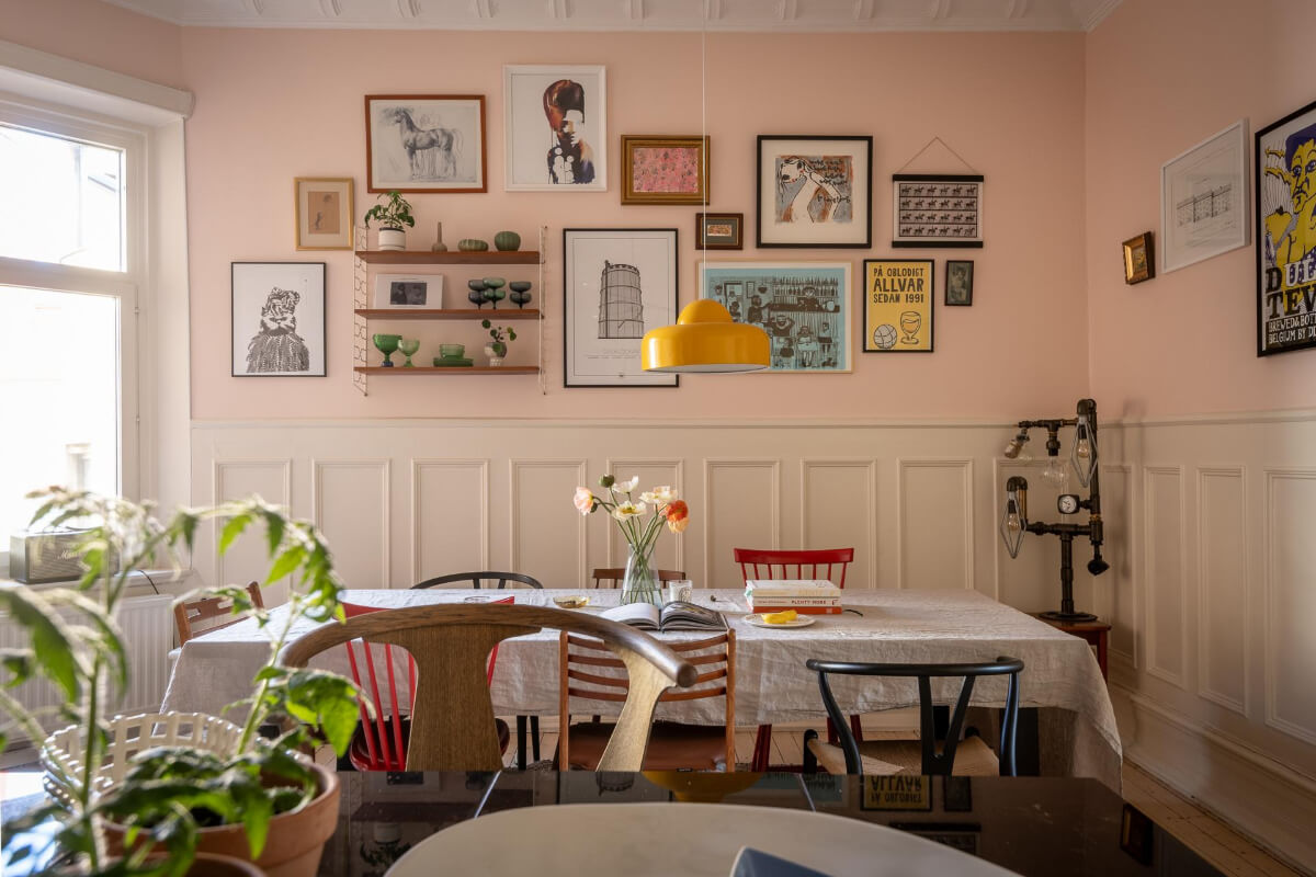 A Light and Spacious Apartment with a Cozy Social Kitchen 22 kitchen light pink walls large dining table