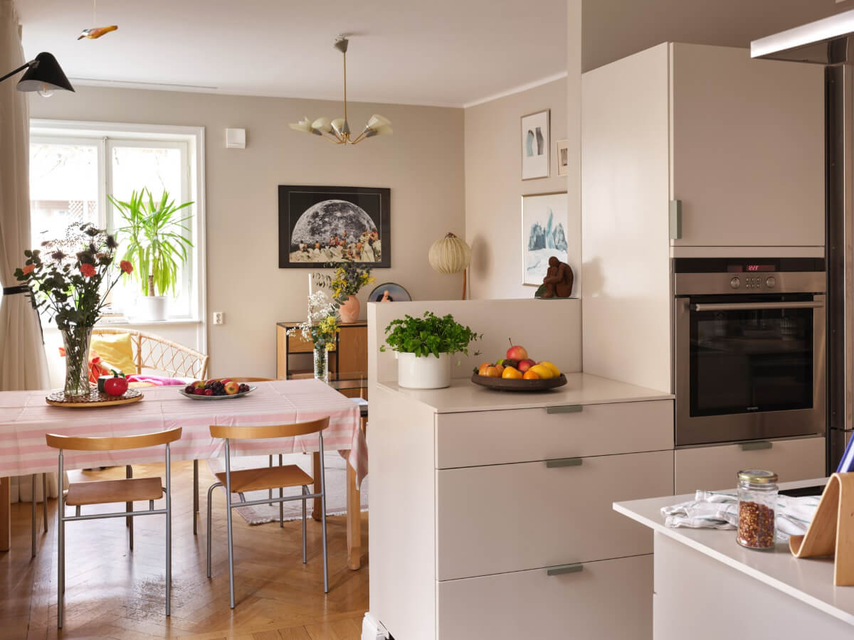 A Corner Apartment with Period Features and Bright Color Pops 8 kitchen semi open plan living space