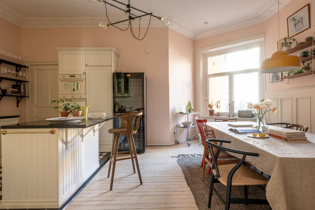 A Light and Spacious Apartment with a Cozy Social Kitchen 16 large kitchen and dining room light pink walls