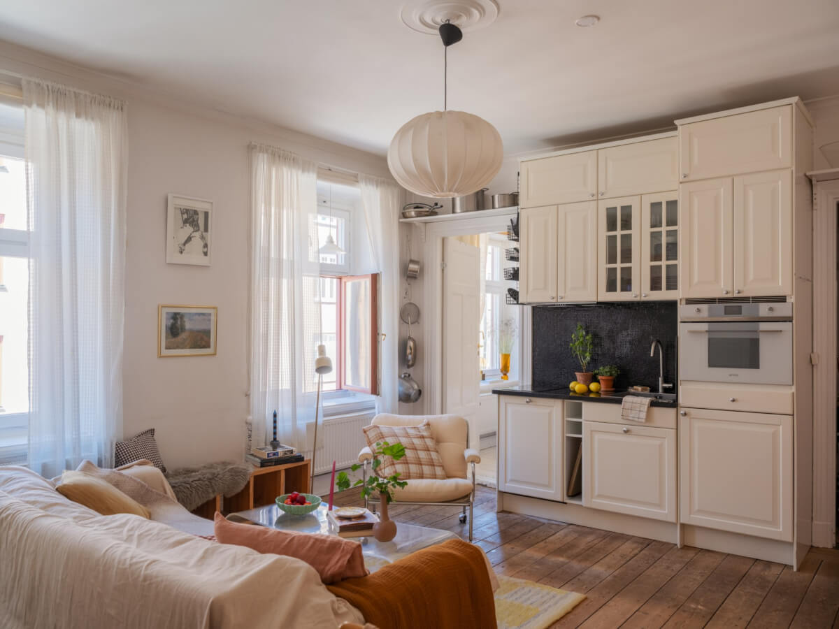 living room kitchen rustic floorboards