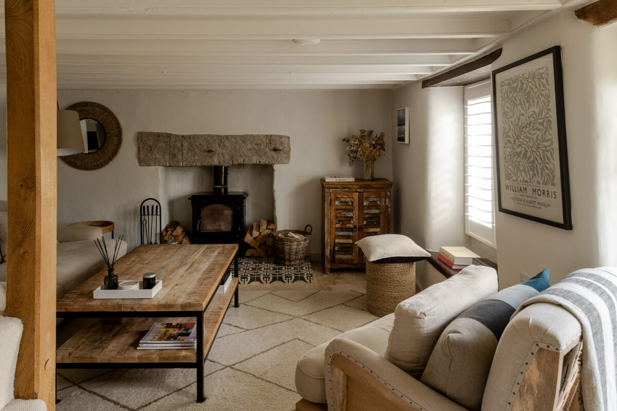 living room low ceiling wood burner english cottage