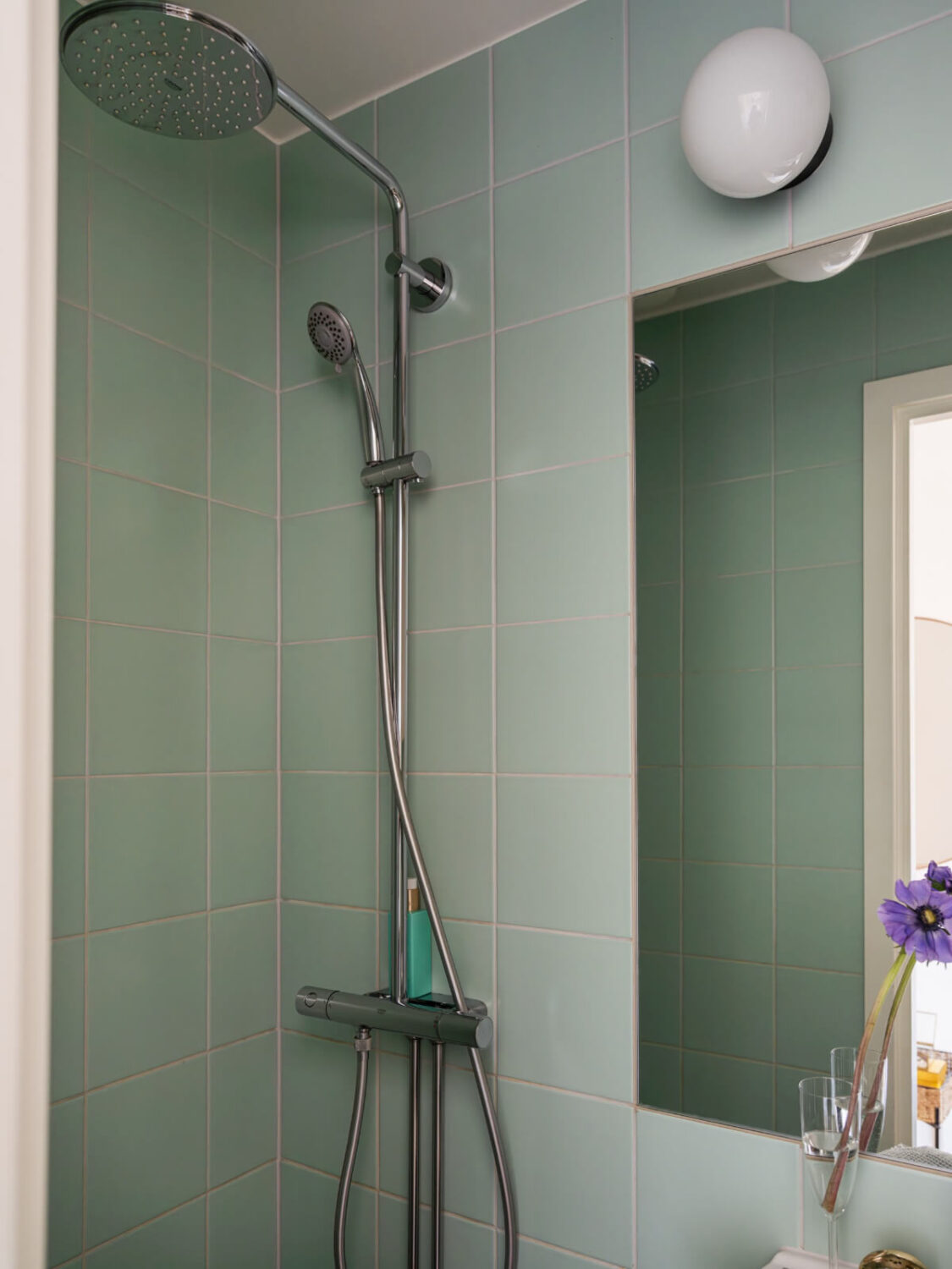 A Small Apartment with Contemporary Furniture in a 19th-Century Building 23 mint green tiles shower