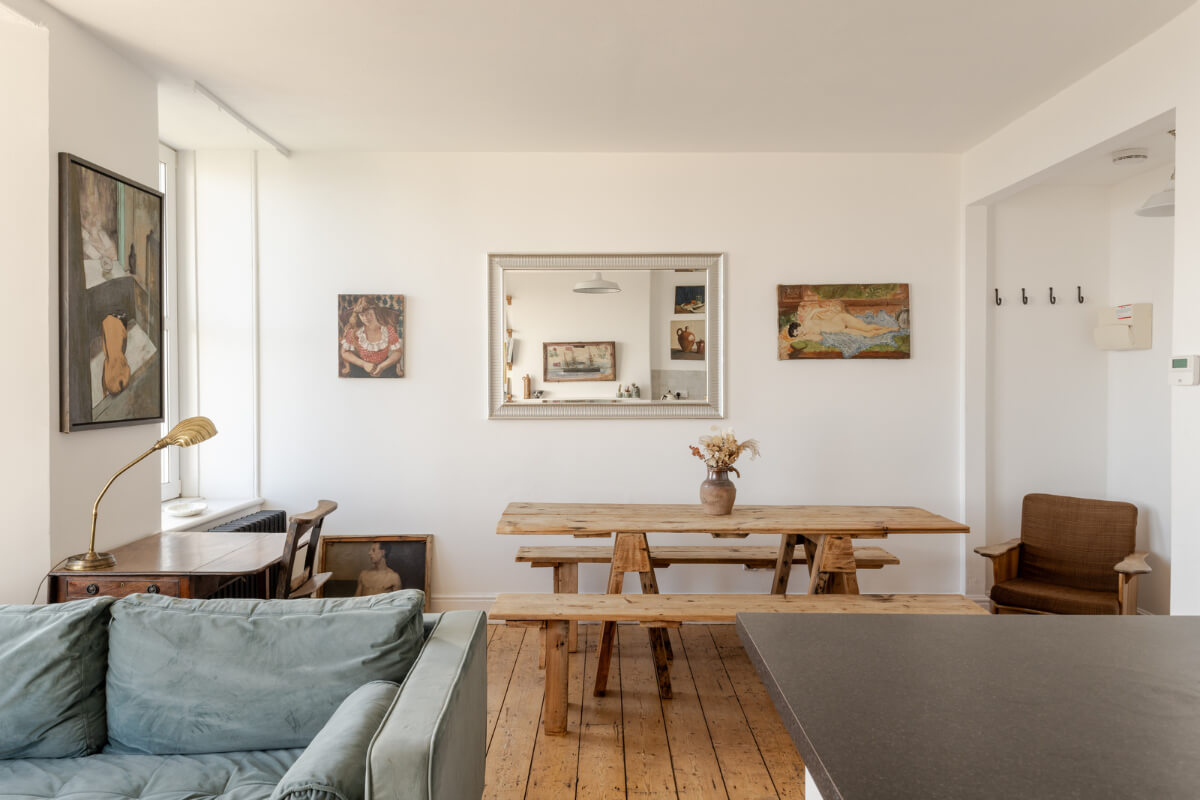 A Small Victorian Apartment by the Sea in Cornwall 6 open plan living room large wooden table