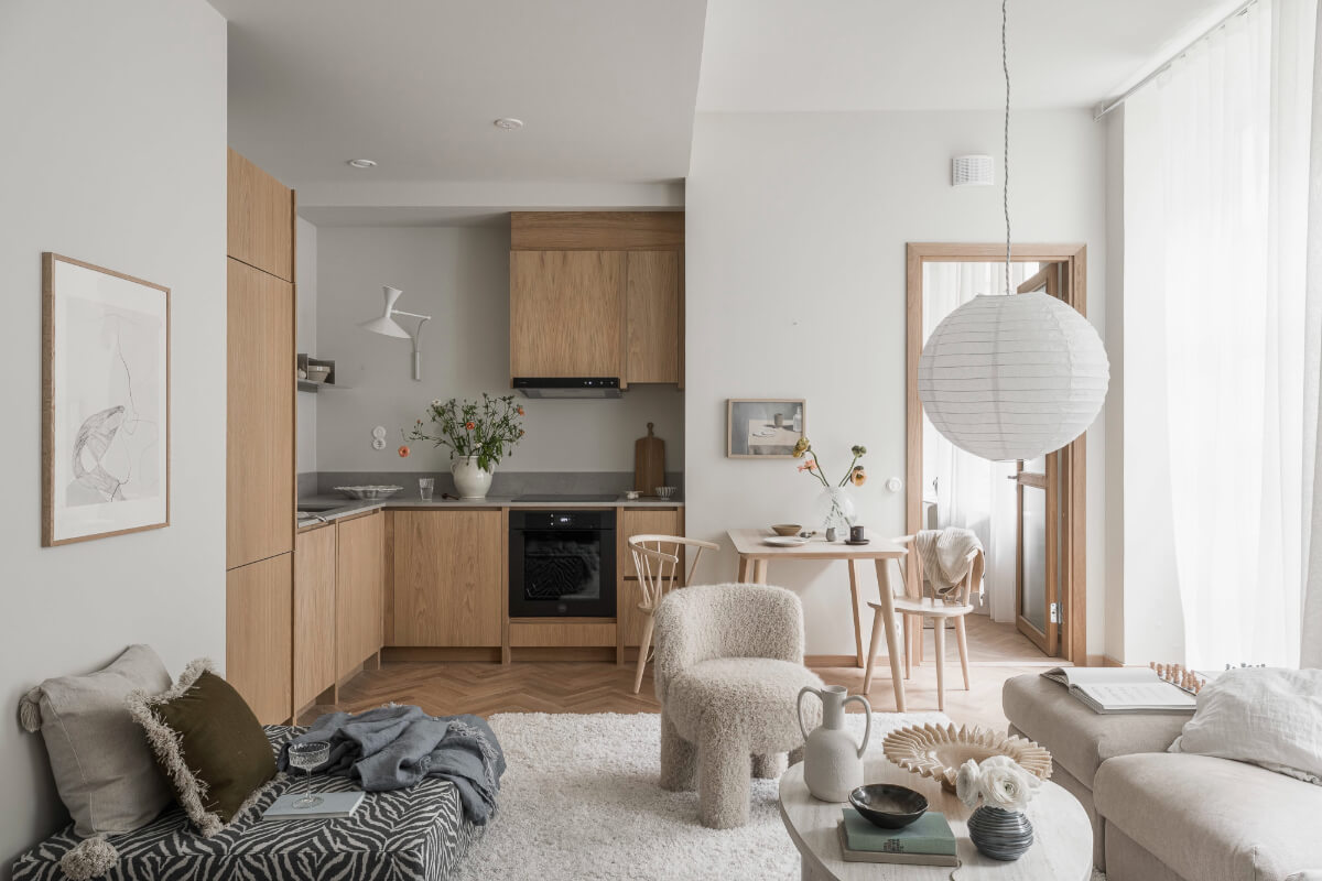 A Light-Filled Contemporary Swedish Apartment 1 open plan living space oak kitchen