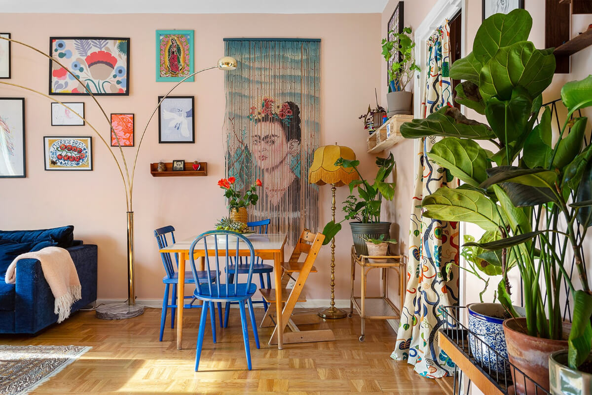 A Colorful 1940s Apartment in Stockholm 2 pink living room dutch parquet floor