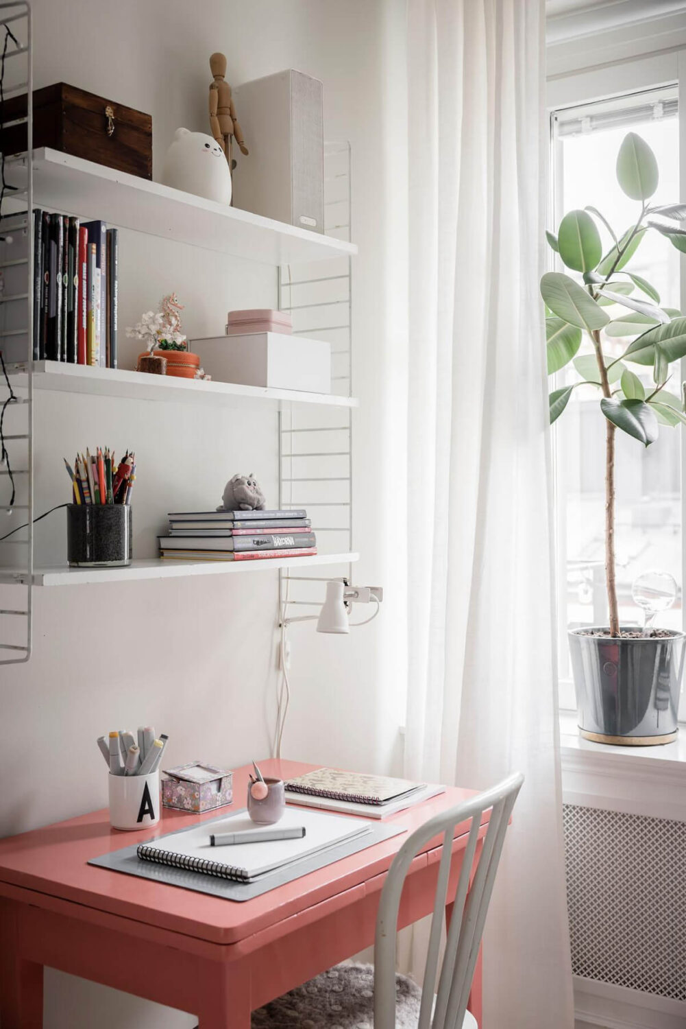 A Light Color Palette in a Stylish Renovated Late 19th Century Apartment 24 red desk with shelves